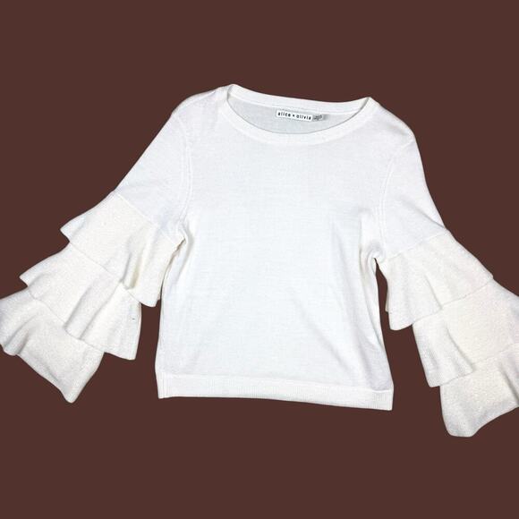 Alice + Olivia Cream Stora Wool Scoop Neck Sweater with Ruffle Bell Sleeves XS - Picture 6 of 8